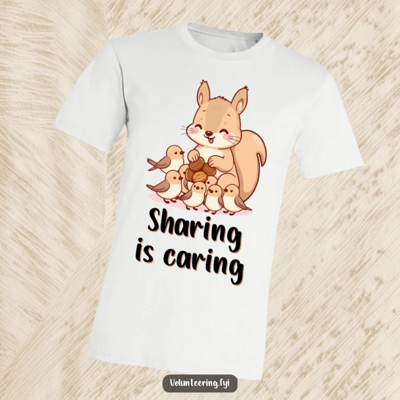 Funny kawaii squirrel t-shirt, offering nuts to small birds, depicting generosity and camaraderie, a delightful graphic tee.