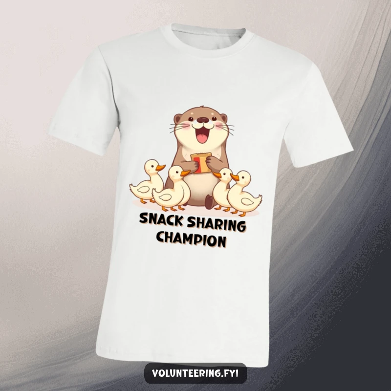 Funny t-shirt featuring a delighted otter sharing snacks with ducks, highlighting a humorous and friendly gathering. Ideal funny gift.