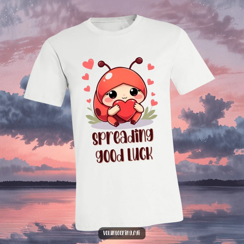 Funny t-shirt with a helpful red ladybug smiling, guiding with its paw, celebrating kindness and support with humor.