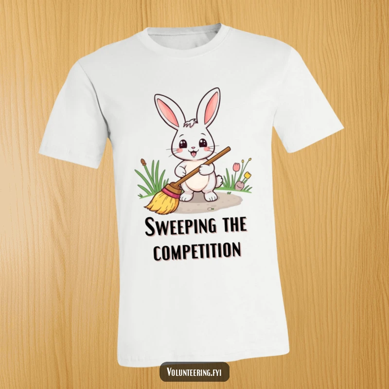Funny t-shirt depicting a smiling rabbit holding a broom and actively sweeping a clear path.