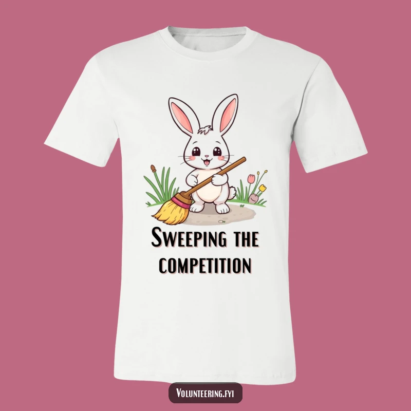 Funny Rabbit Sweeping T-Shirt: Smiling Bunny with Broom, Great Clean Gift!