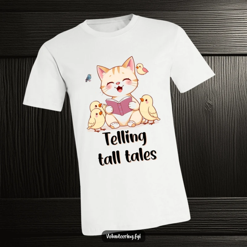 Funny t-shirt showing a cheerful cat reading a book aloud to a captivated audience of small birds.