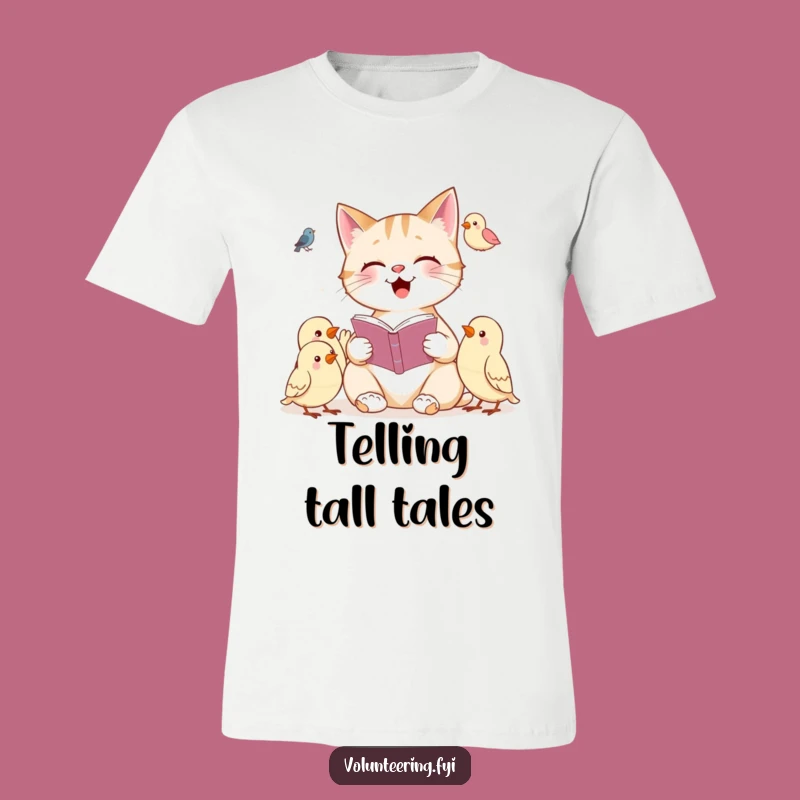 Funny Cat Reading T-Shirt: Cheerful Storyteller Cat with Birds, Great Gift!