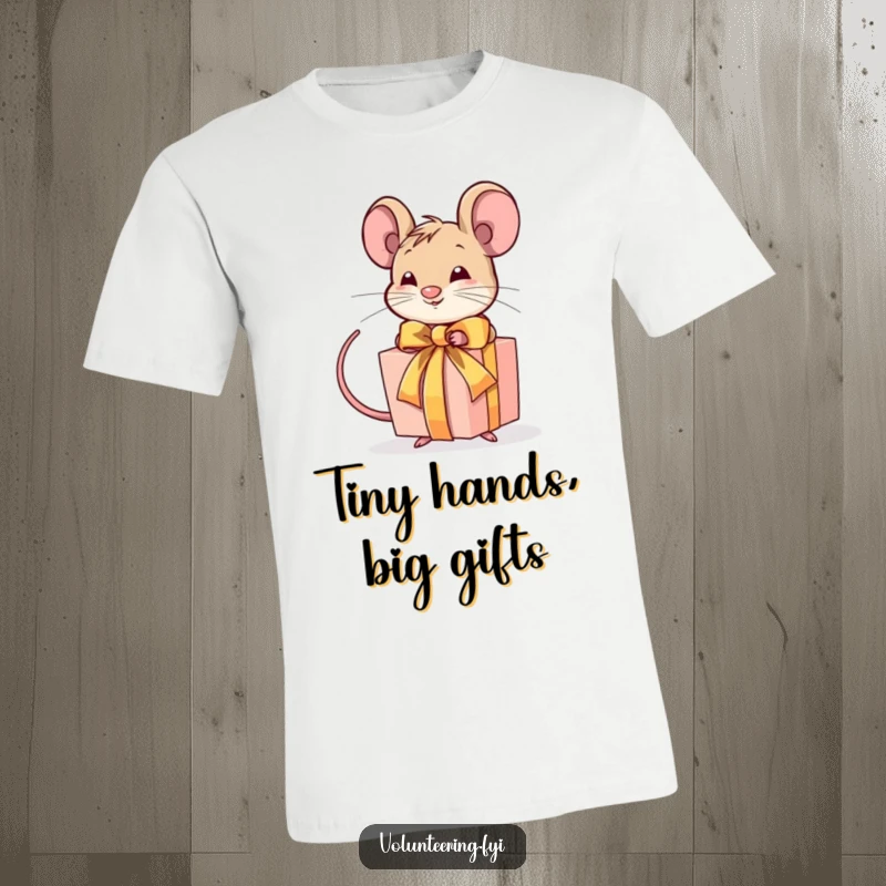 Funny t-shirt with a determined mouse expertly tying a ribbon around a gift, representing precision and thoughtful gift-giving.
