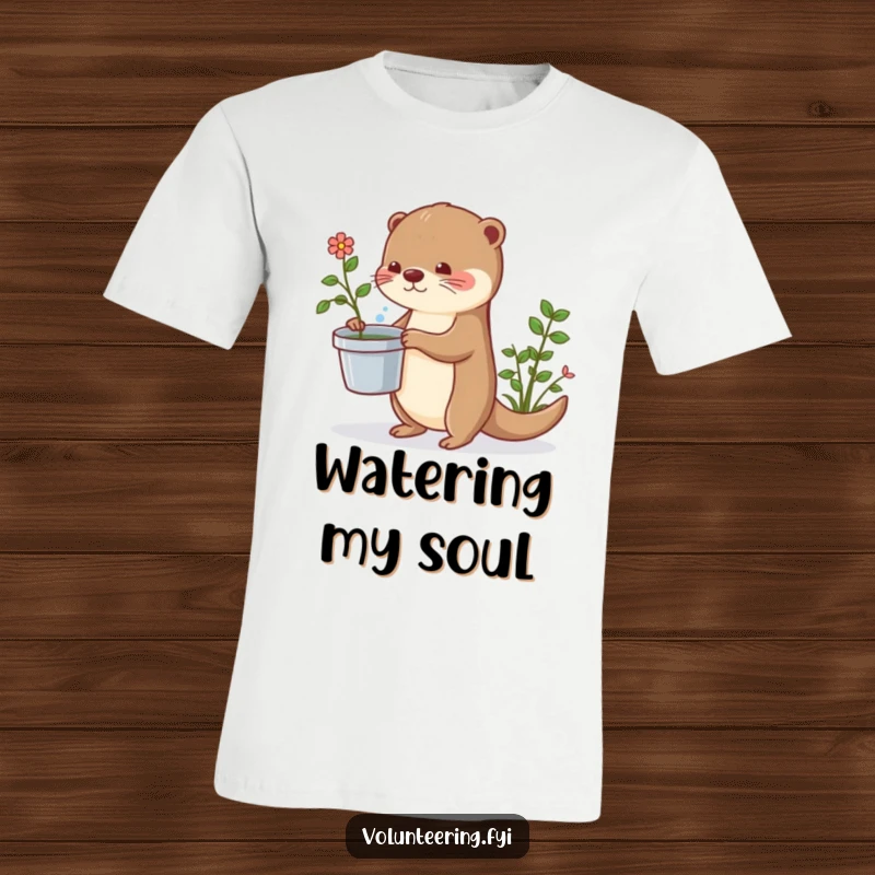 Funny otter t-shirt featuring a playful otter carrying a bucket of water, dedicated to plant care with a humorous twist.