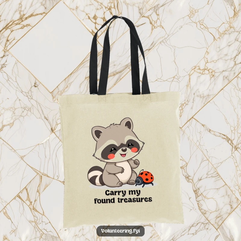 Funny tote bag depicting a joyful Kawaii raccoon carefully guiding a lost ladybug, perfect for everyday use, a funny gift.