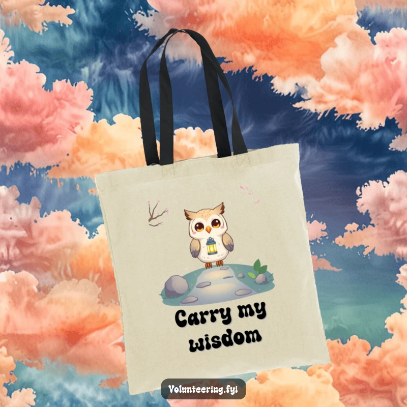 Funny Owl Lantern Tote Bag featuring a proud, smiling owl holding a small, glowing lantern, symbolizing guidance and wisdom on the go.