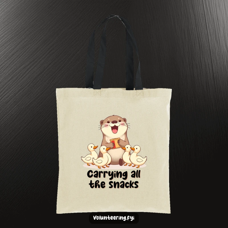 Funny tote bag with a delighted otter sharing snacks with ducks, perfect for carrying items with humorous sharing vibes. Great funny gift.