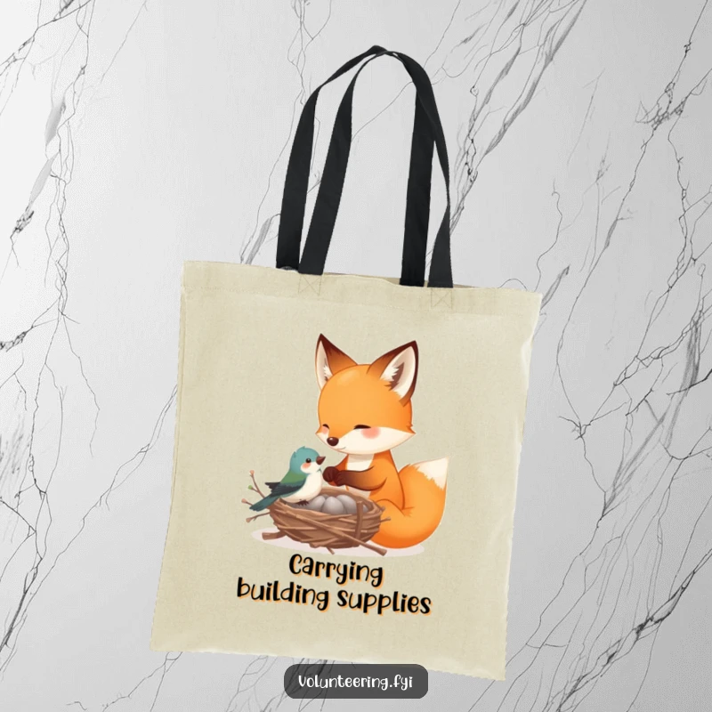 Funny fox tote bag, a playful fox helping a tiny bird build a nest with delicate twigs, perfect for shopping and animal lovers.