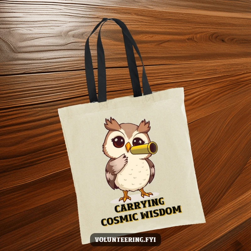 Funny Owl Tote Bag: Whimsical owl with telescope, symbolizing helpfulness and curiosity, a great funny gift.