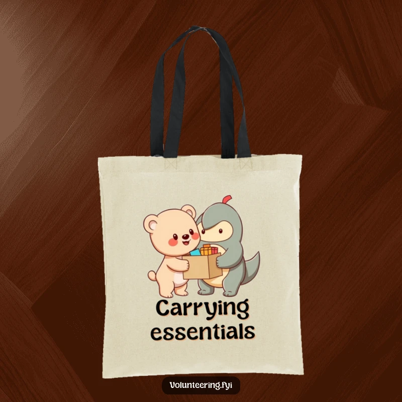 Funny Tote Bag with a cheerful bear cub character handing supplies to another creature, perfect for shopping or carrying essentials with a kind message.