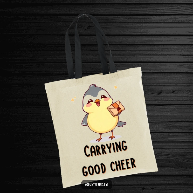 Funny tote bag with a joyful chickadee carrying a small parcel, perfect for everyday use with a theme of cheerful delivery.