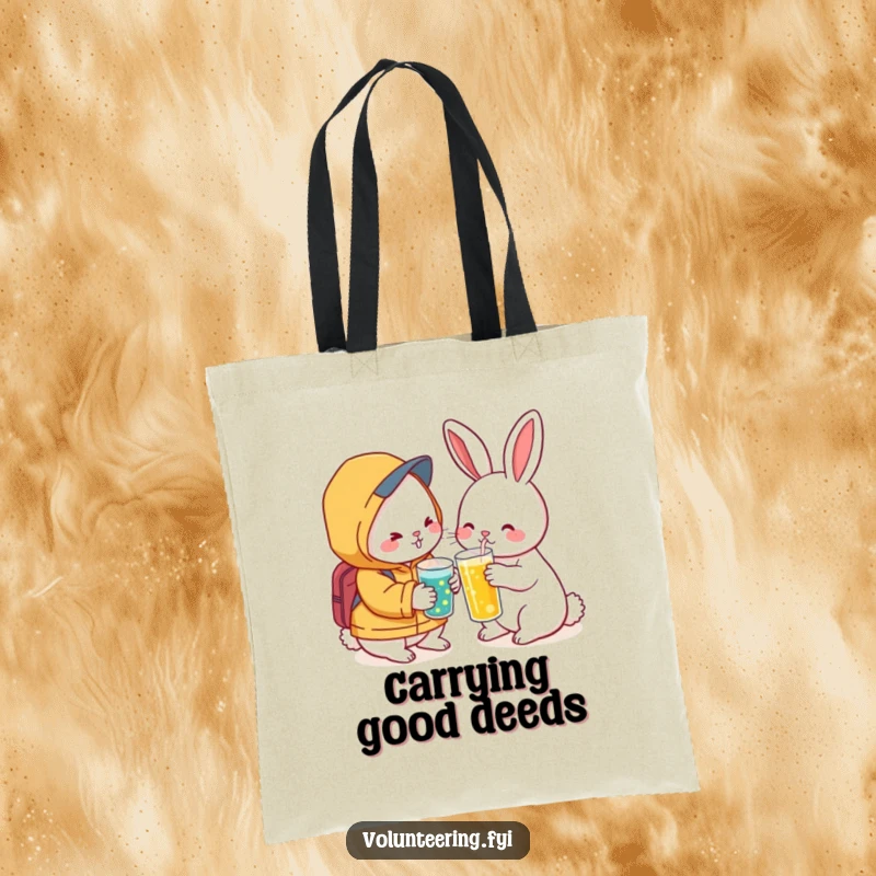 Funny Kawaii Rabbit Refresh Tote Bag: Cute bag with a rabbit offering a drink to a friend, perfect for carrying essentials and kindness.