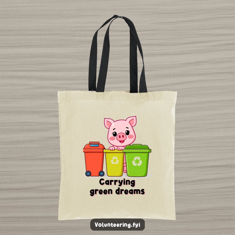 Funny pink pig character with a sunny smile, happily sorting colorful recycling bins, on a durable tote bag, a funny eco gift.