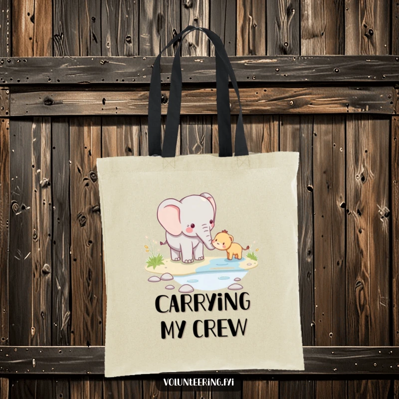 Funny kawaii elephant tote bag showcasing a cute moment of an elephant assisting a smaller animal across a stream, perfect for daily errands.