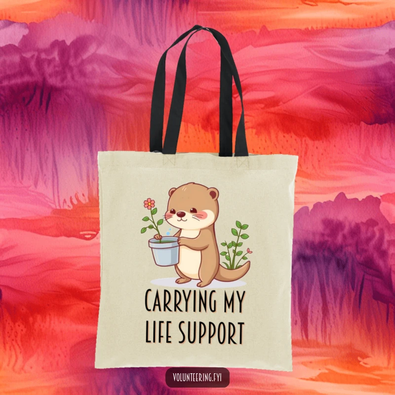 Funny otter tote bag with a cute otter carrying a bucket, designed for plant lovers and daily use.