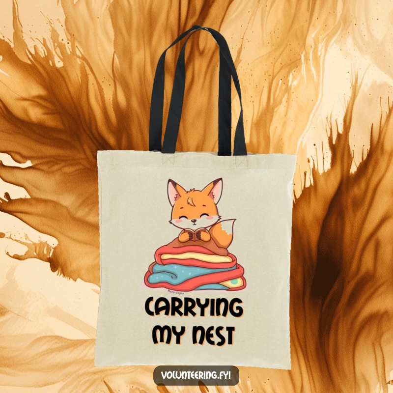 Funny Tote Bag with a playful fox character organizing colorful blankets, perfect for carrying everyday items with a cozy and neat theme.