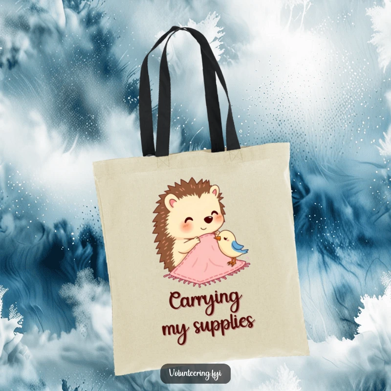 Funny tote bag with a happy hedgehog stitching a small blanket for a bird, perfect for daily use.