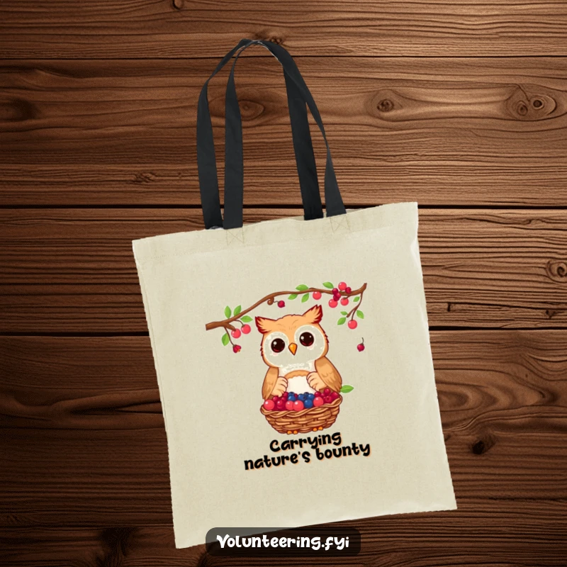 Funny owl tote bag showing a proud owl donating a basket of collected berries, a cute accessory for thoughtful individuals.