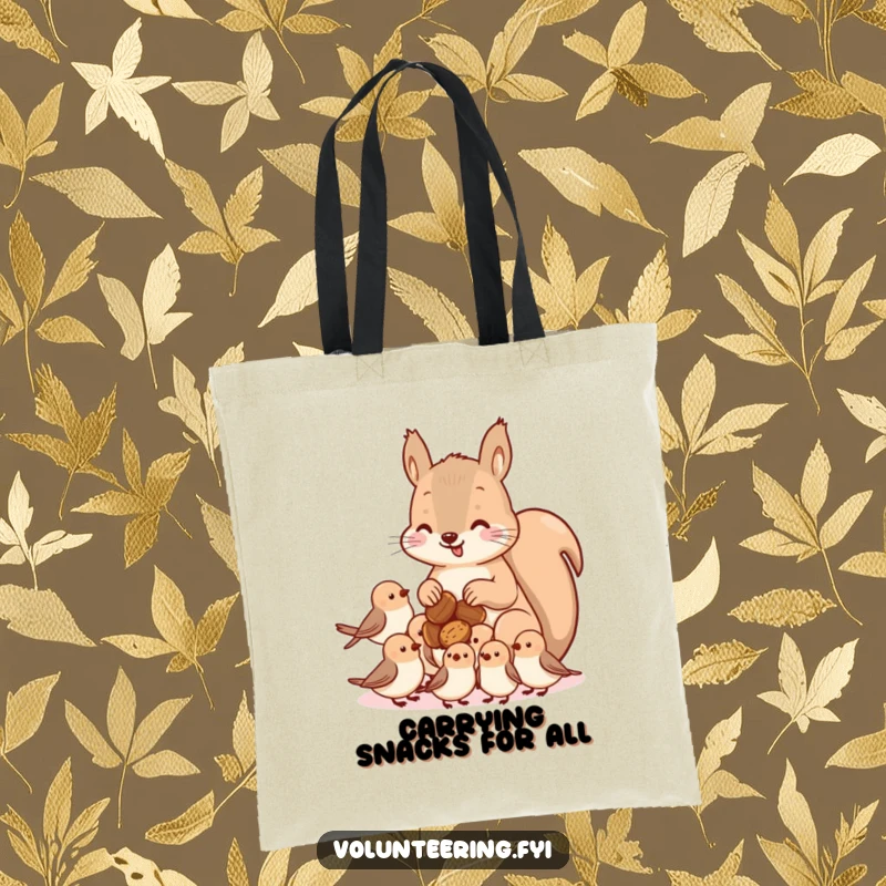 Funny kawaii squirrel tote bag, showing a cute squirrel sharing nuts with smaller birds, perfect for shopping and carrying your essentials.