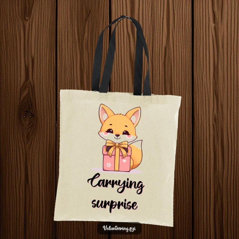 Funny tote bag with a smiling fox tying a ribbon around a gift box, perfect for carrying goodies and smiles.