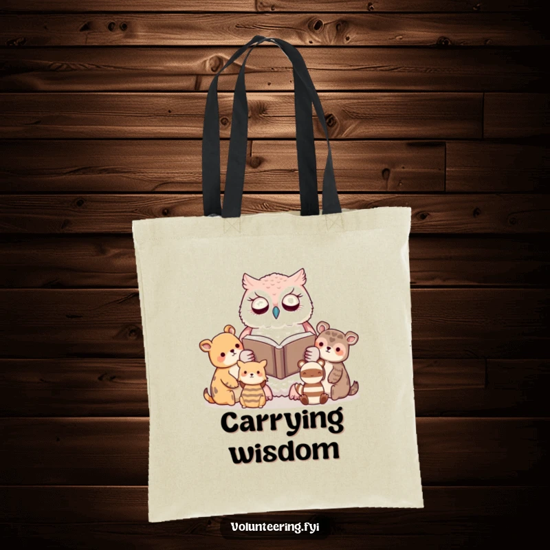 Funny tote bag with a kawaii owl serenely reading a book to attentive animal friends, perfect for book lovers.
