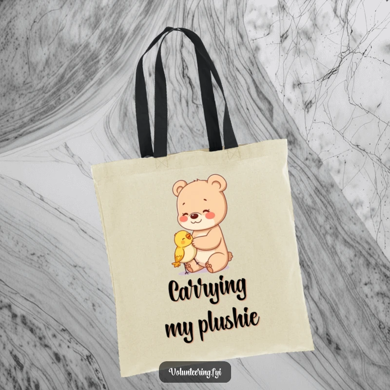 Funny tote bag with a happy bear cub gently touching a small bird, symbolizing a sweet connection.