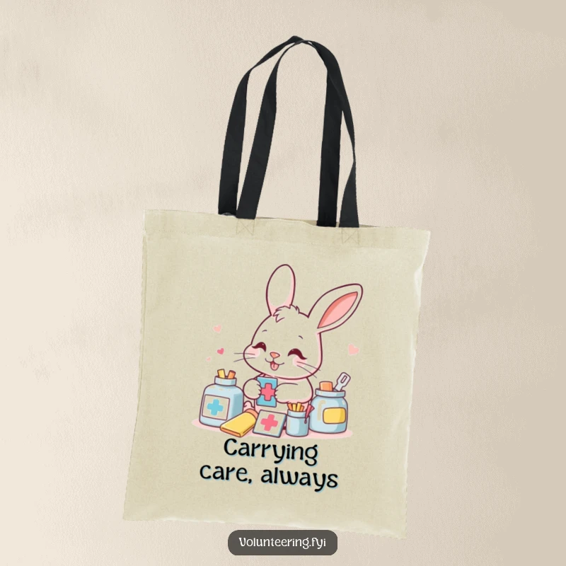 Funny bunny meticulously sorting colorful aid supplies on a durable tote bag, perfect for carrying essentials with a cheerful purpose.