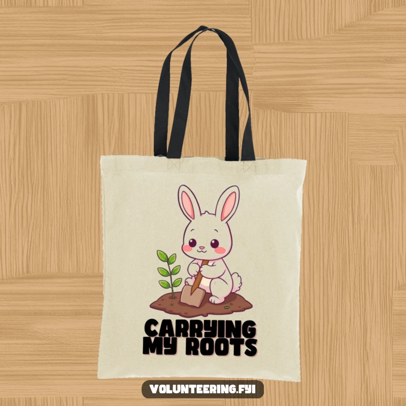 Funny Tote Bag with a cute bunny character planting a small tree, showcasing a sweet and industrious demeanor for daily use.