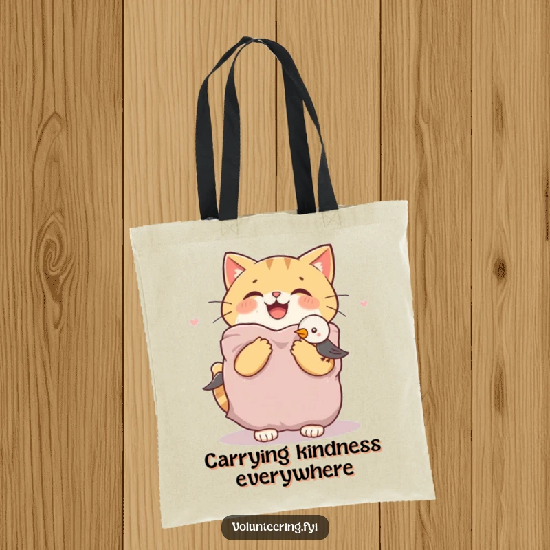 Funny cat tote bag with a joyful cat offering a warm blanket to a shivering bird, a cute accessory for animal lovers.