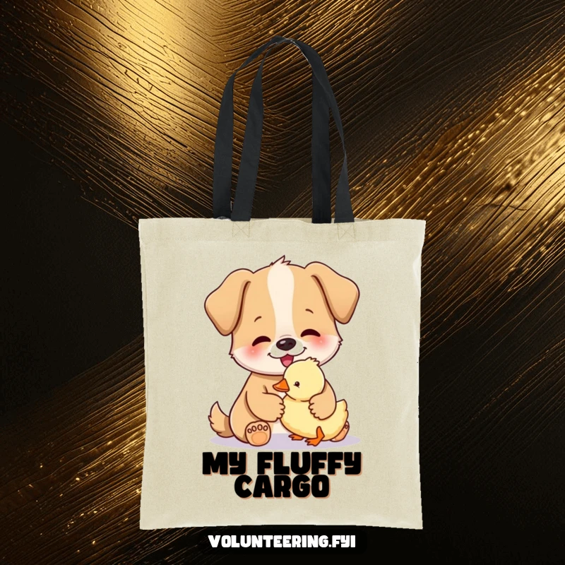 Funny tote bag featuring a happy dog gently petting a small, fluffy duckling, ideal for carrying pet supplies.