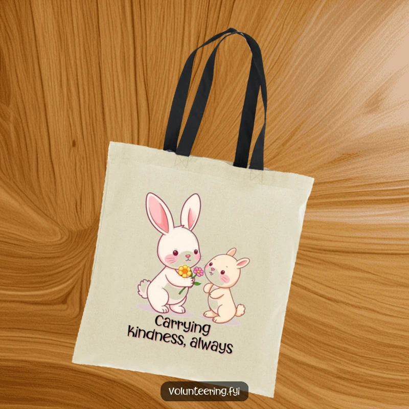 Funny Kawaii bunny rabbit offering a flower to another animal, reusable tote bag, cute and functional.