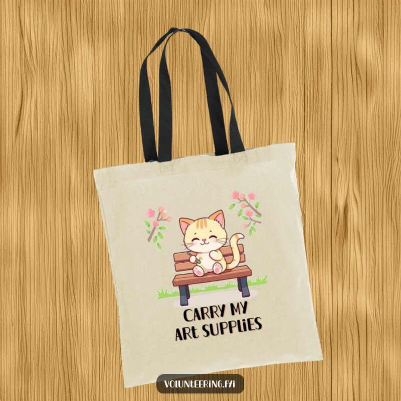 Funny tote bag depicting a playful Kawaii cat painting colorful stripes on a park bench, perfect for carrying art supplies, a funny gift.