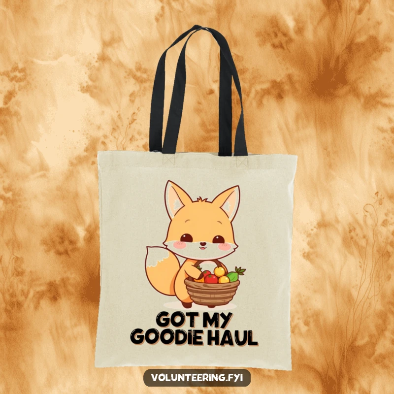 Funny Kawaii fox carrying a basket of food to share, cute tote bag for givers.