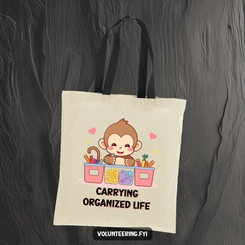 Funny kawaii monkey tote bag, showing a cute monkey sorting colorful items into bins, perfect for shopping and organizing your day.