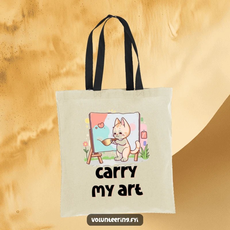 Funny Kitten Artist Tote Bag: A diligent kitten painting a community mural with a giant brush, symbolizing creativity and dedication.