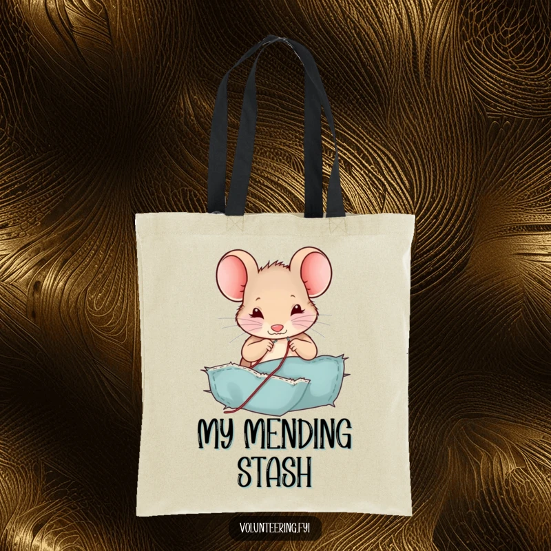 Funny mouse tote bag, a contented character sewing a fabric tear with a miniature needle and thread, a humorous and practical gift.