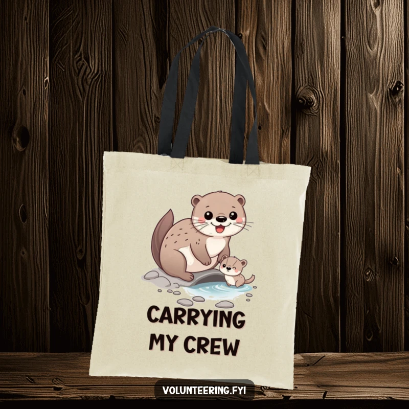 Funny Tote Bag with a happy otter character helping a smaller animal cross a stream, perfect for carrying essentials with a charming, helpful theme.