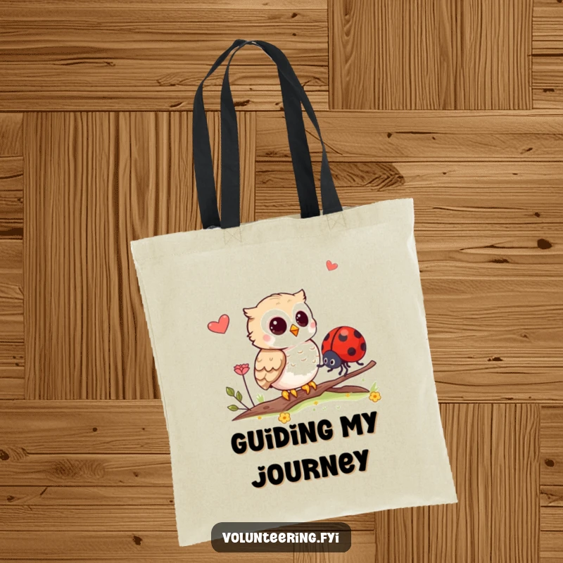 Funny tote bag depicting an owl assisting a ladybug, perfect for carrying groceries or books with a touch of kindness.