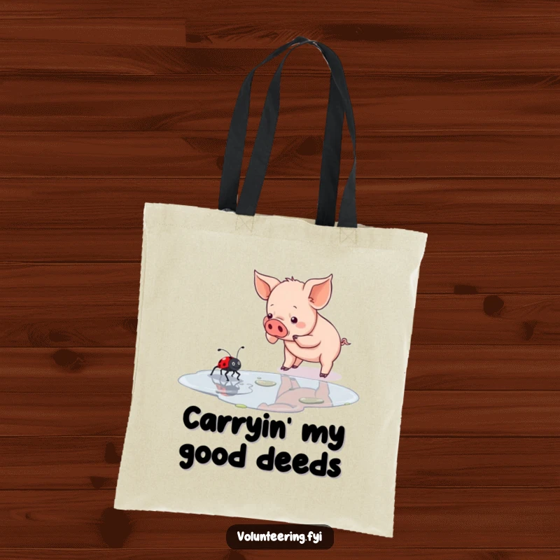 Funny piglet tote bag with a determined piglet helping a ladybug cross a puddle, a cute illustration of interspecies aid.