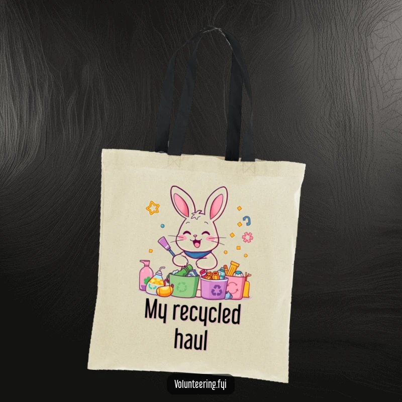 Funny Rabbit Recycling Tote Bag: A happy rabbit sorting colorful items with enthusiasm, a great accessory for eco-conscious shoppers.