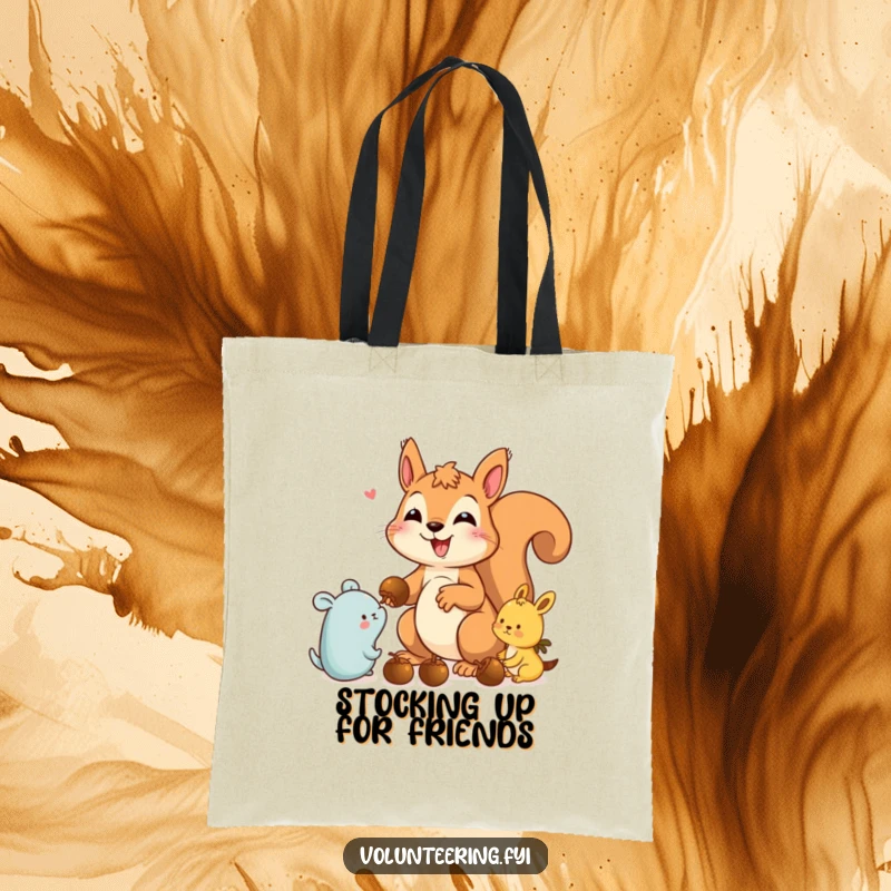 Funny squirrel tote bag featuring a delighted squirrel sharing acorns, perfect for eco-conscious shoppers with a love for humor.