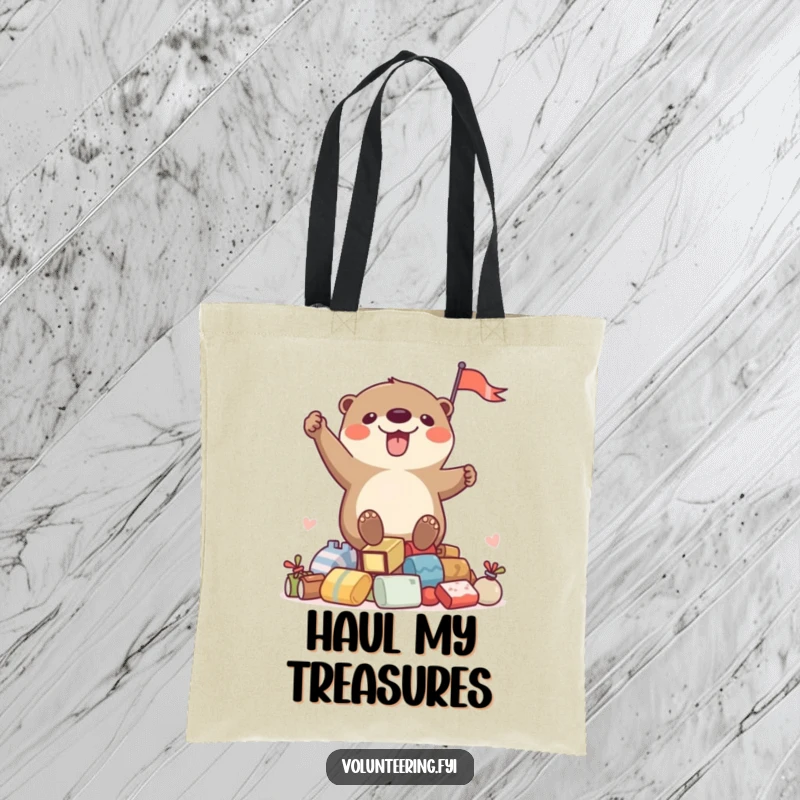 Funny tote bag with a cheerful otter waving a flag from goods pile, great for shopping and humorous gifting.