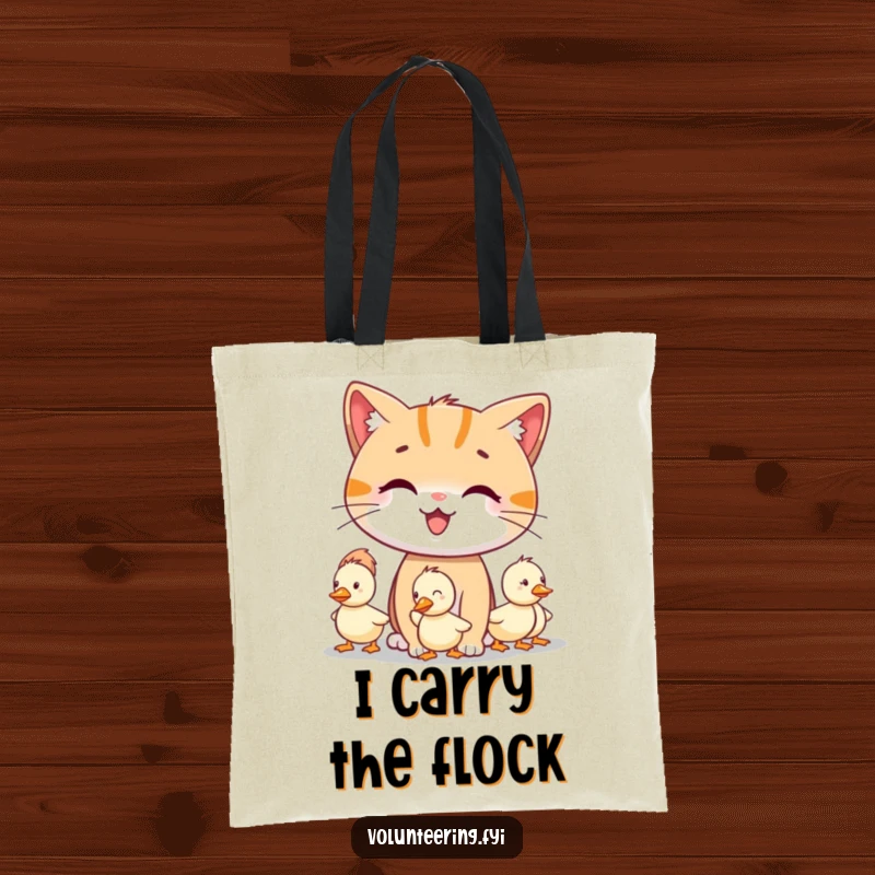 Funny smiling cat character guiding lost little ducklings on a durable tote bag, excellent funny gift.