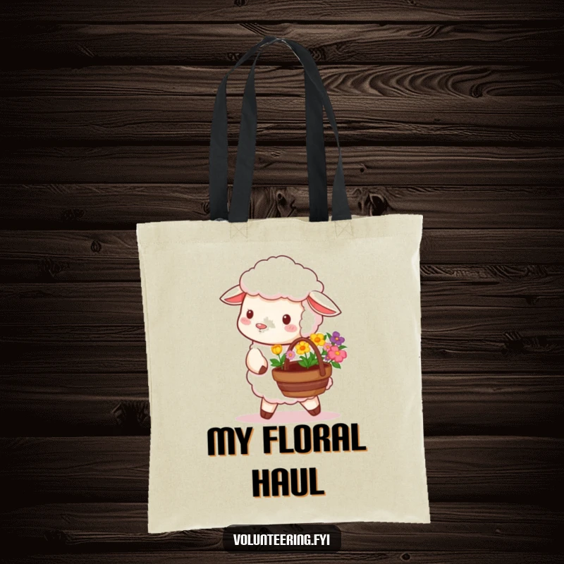 Funny tote bag featuring a fluffy sheep carrying a basket overflowing with colorful flowers, ideal for garden trips.