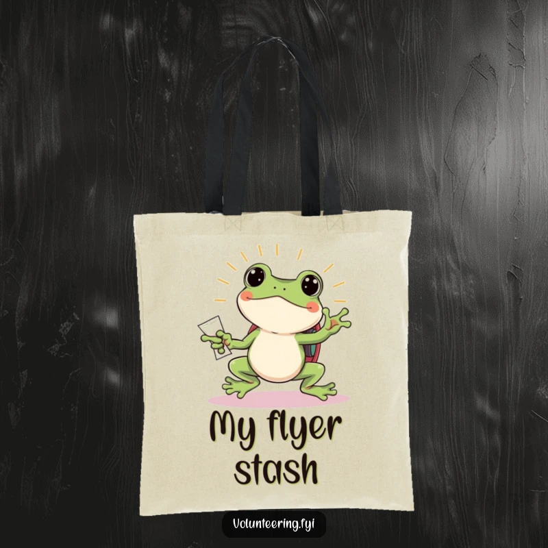 Funny frog tote bag, a jumping frog with a backpack happily handing out flyers, a humorous and functional accessory gift.