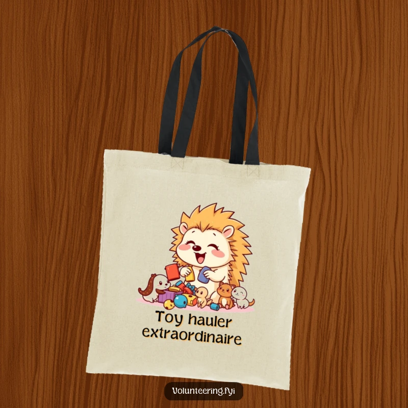 Funny Hedgehog Toy Sorter Tote Bag featuring a bouncy, happy hedgehog sorting toys for a group of cute, smaller creatures.